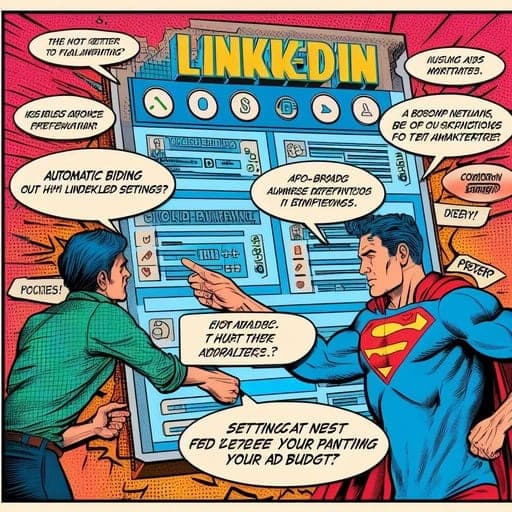 Illustration showing common mistakes in LinkedIn Ads settings that can negatively impact advertisers, such as automatic bidding and broad audience definitions.